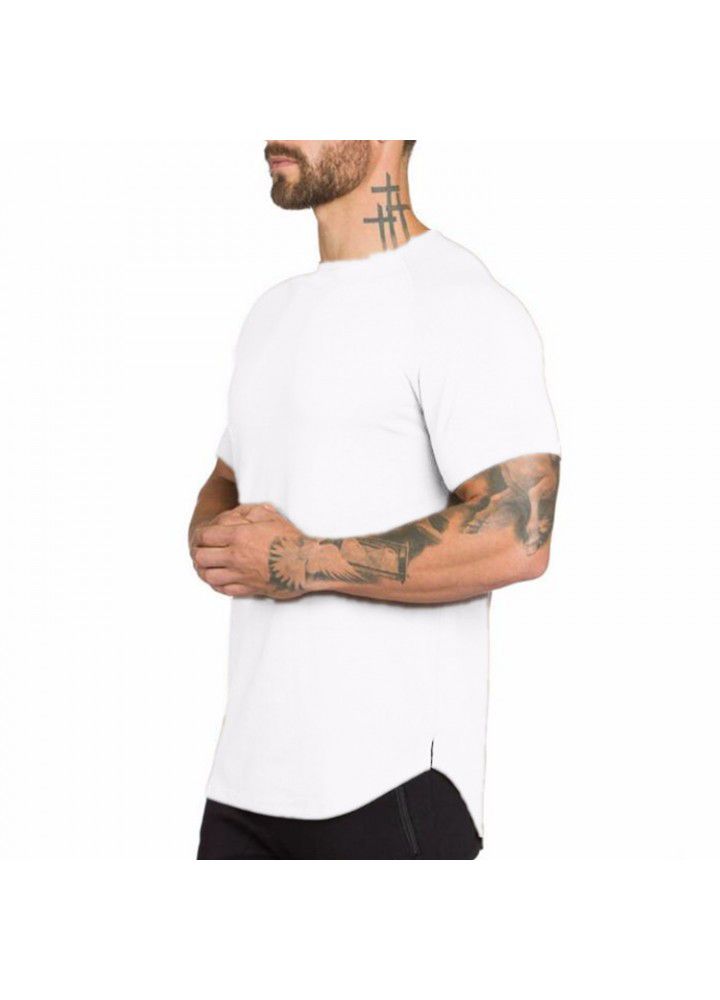 Foreign trade solid color blank fitness men's long breathable sports T-shirt fashionable men's slim summer fitness short sleeve men's
