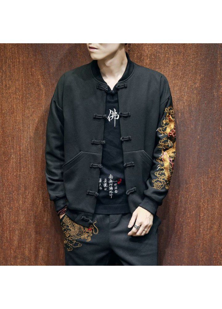 Foreign trade autumn and winter men's Chinese style jacket youth large size Baseball Jacket coil button dragon embroidery plate jacket