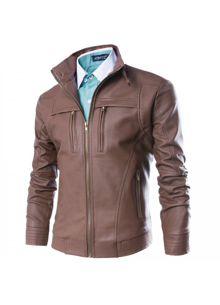 Autumn and winter 2019 new men's foreign trade m-4xl large men's stand collar leather jacket men's stand collar leather jacket