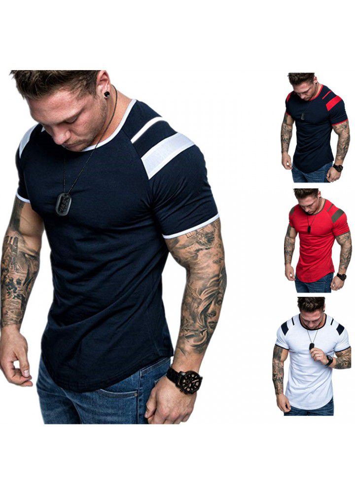 New summer men's short sleeve round neck shoulder color matching casual men's pure cotton T-shirt