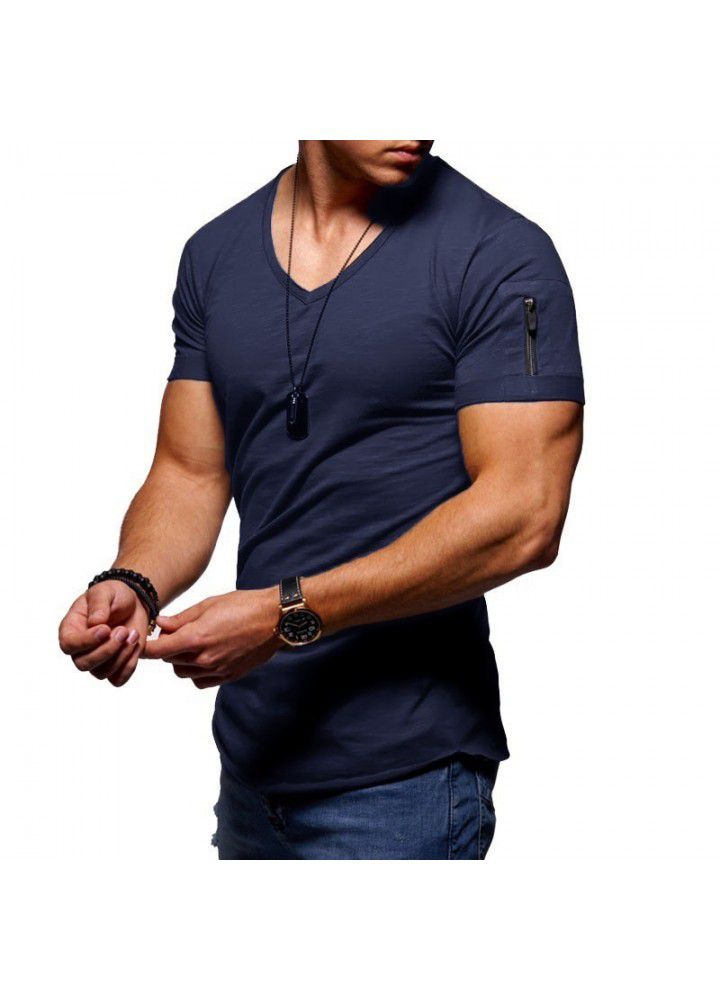 Sumitong new European and American fashion V-neck t-shirt men's arm zipper cotton short sleeve men's casual bottom coat