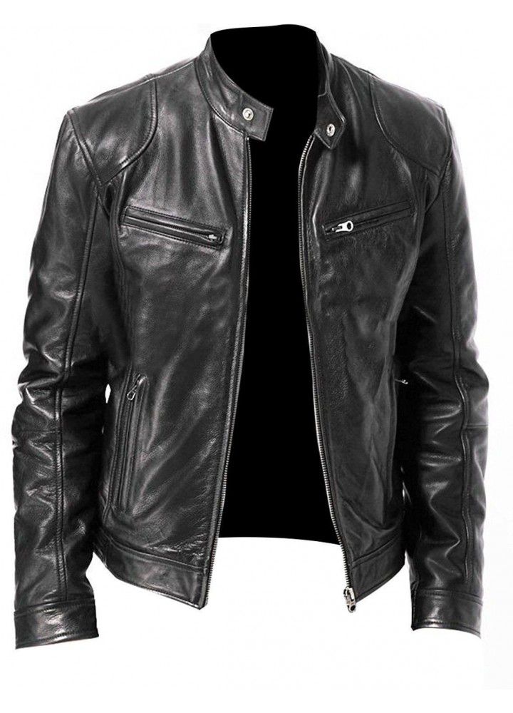 Foreign trade winter business gentleman zipper cardigan pocket decoration PU leather collar slim leather jacket