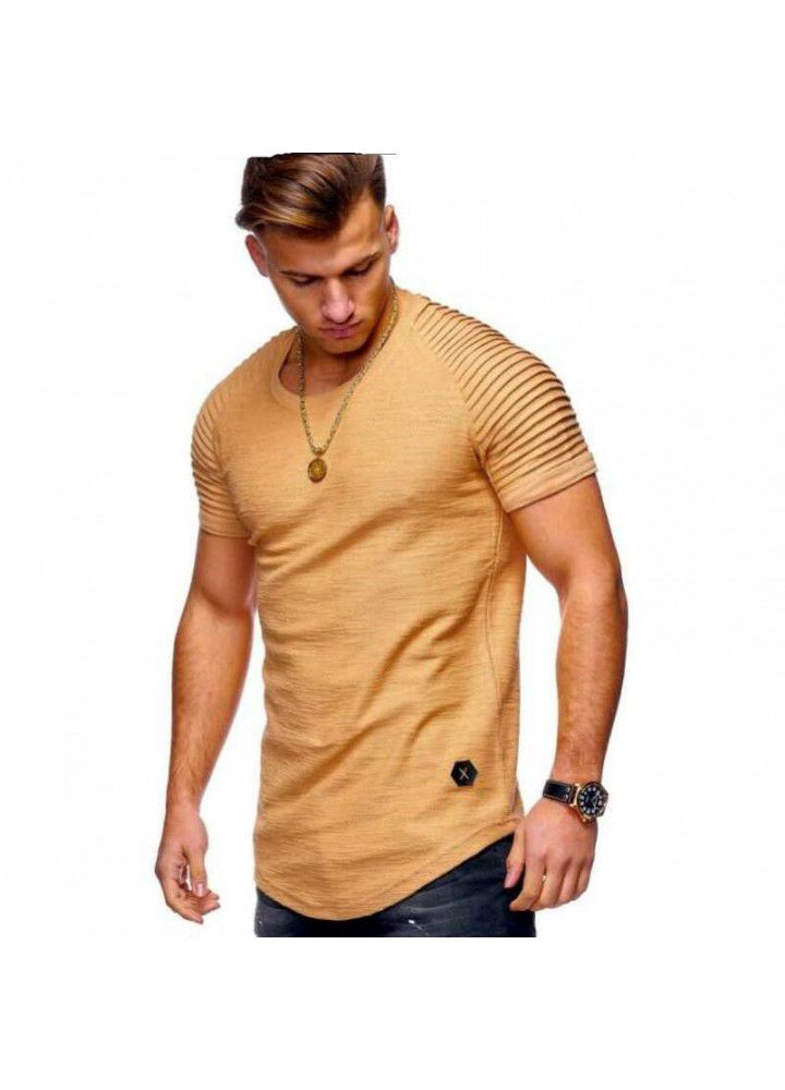2018 cross border new men's T-shirt slim solid color stripe pleated short sleeve fitness T-shirt