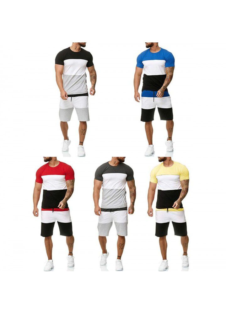2020 cross border new summer men's short sleeve sports suit outdoor leisure color contrast suit men's factory wholesale