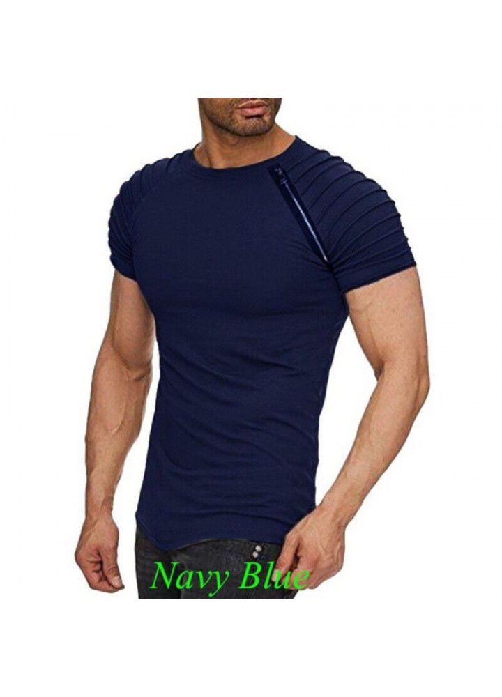 2018 new summer men's shoulder pleated splicing zipper short sleeve round neck T-shirt
