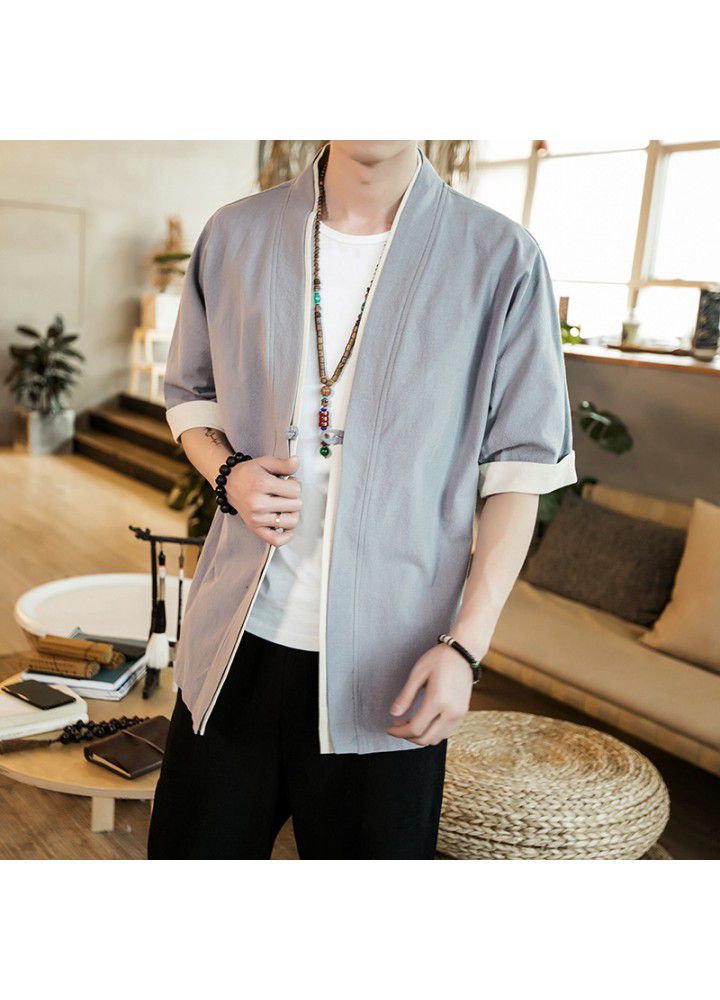 Foreign trade Amazon Chinese style coat 5-sleeve men's Tang suit retro button cardigan kimono ancient Zen suit