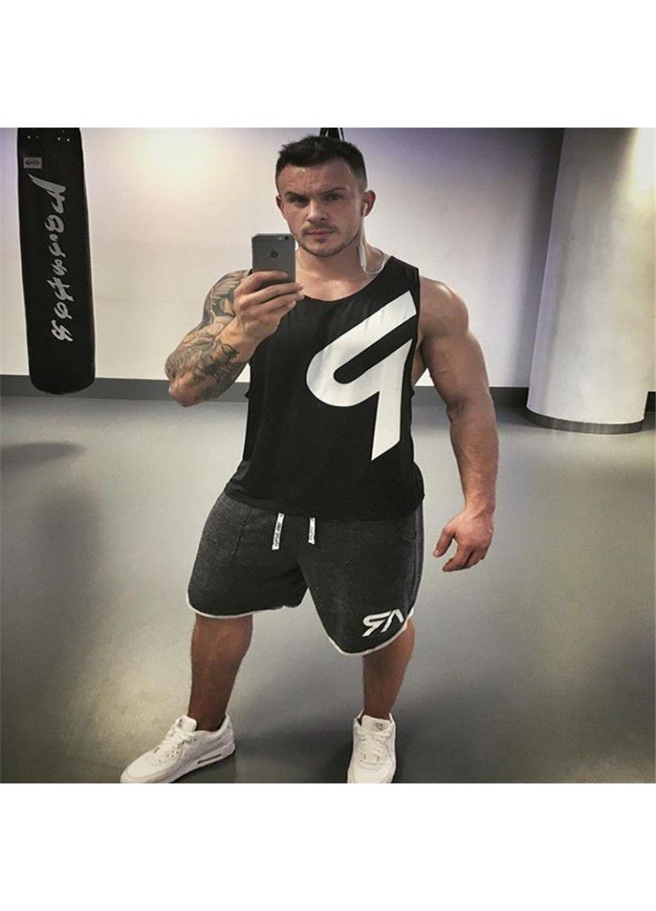 Cross border foreign trade new men's fitness back sweat absorbing breathable quick drying vest sleeveless T-shirt r printed fitness clothes