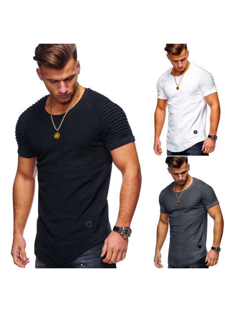 2019 summer new men's T-shirt stripe pleated raglan sleeve design round neck Pullover short sleeve factory direct supply