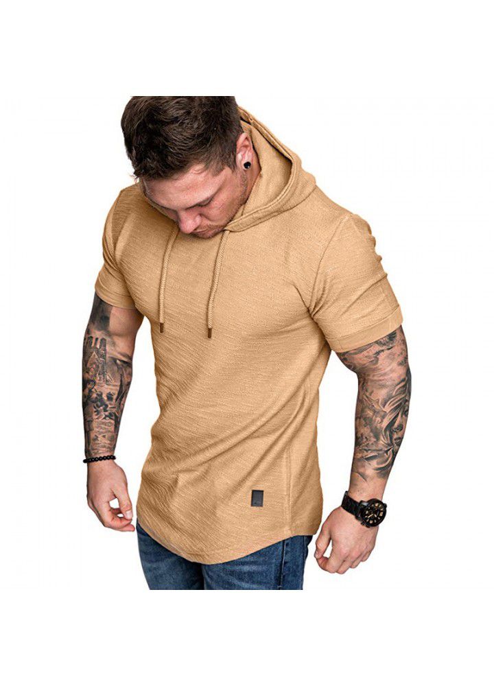 Amazon foreign trade new men's slub cotton T-shirt Hoodie leisure sports short sleeve t-shirt men's short sleeve