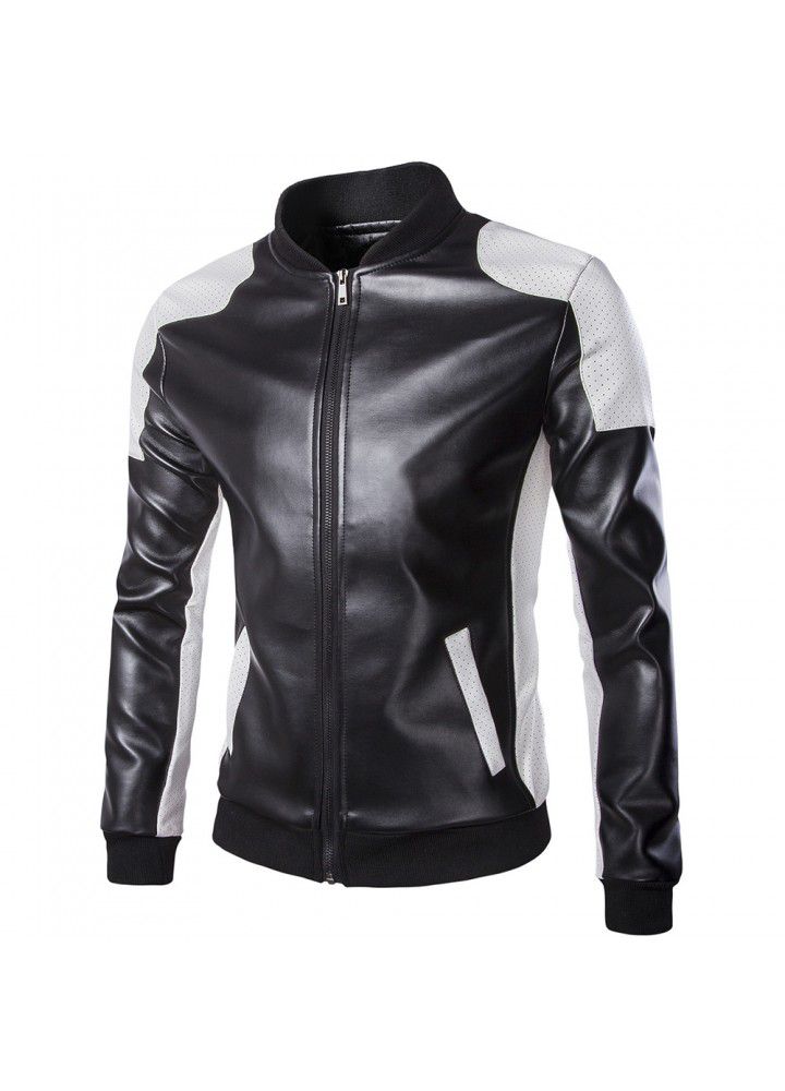 Foreign trade wholesale fall 2018 men's stand collar leather trend black and white color matching oversize leather coat men's wear