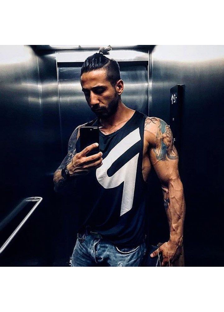 Cross border foreign trade new men's fitness back sweat absorbing breathable quick drying vest sleeveless T-shirt r printed fitness clothes