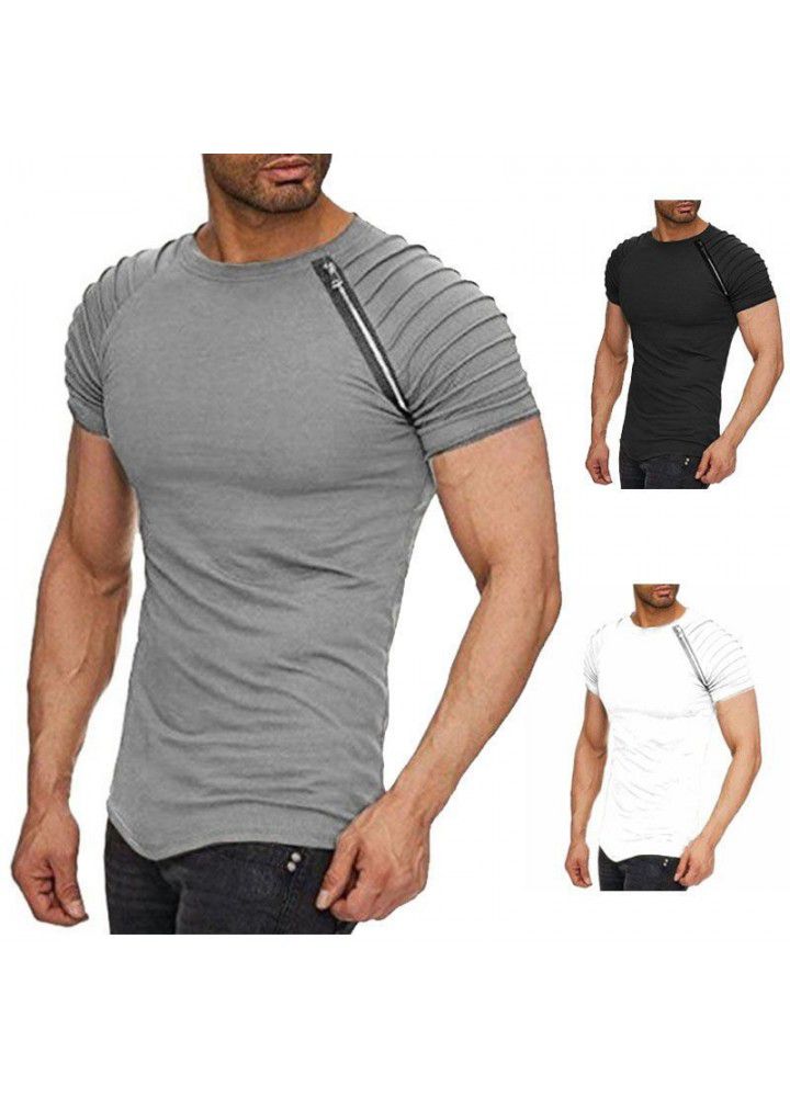 2018 new summer men's shoulder pleated splicing zipper short sleeve round neck T-shirt
