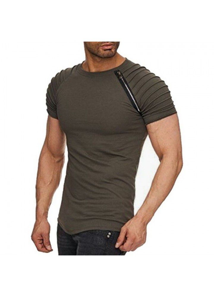 2018 new summer men's shoulder pleated splicing zipper short sleeve round neck T-shirt