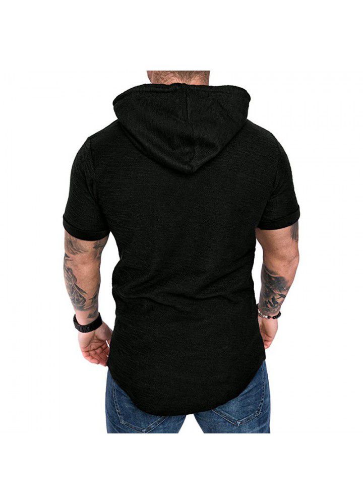 Amazon foreign trade new men's slub cotton T-shirt Hoodie leisure sports short sleeve t-shirt men's short sleeve