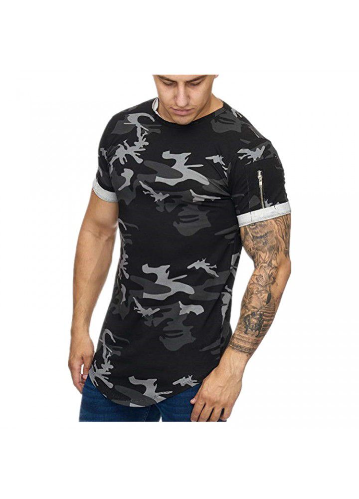 Cross border European and American trend men's round neck t-shirt design sleeve zipper camouflage 3D digital gradient casual T-shirt