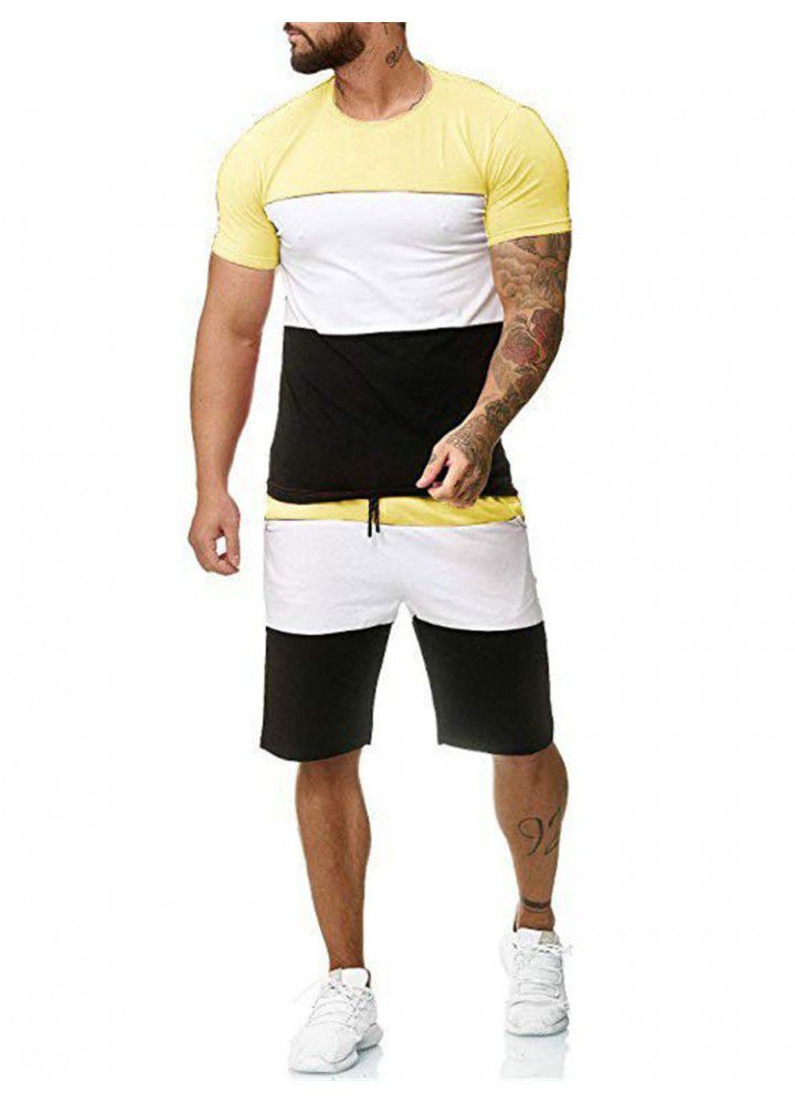 2020 cross border new summer men's short sleeve sports suit outdoor leisure color contrast suit men's factory wholesale