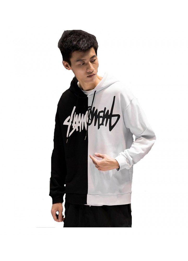 Cross border new stitching scratch printed Hoodie men's hip hop Street Pullover men's casual sweater