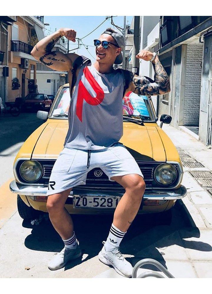Cross border foreign trade new men's fitness back sweat absorbing breathable quick drying vest sleeveless T-shirt r printed fitness clothes