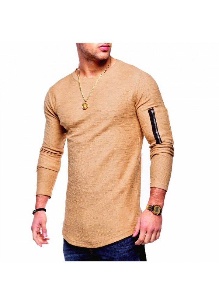 Men's new solid color round neck long sleeve T-shirt with arm zipper stitching in spring and autumn of 2019