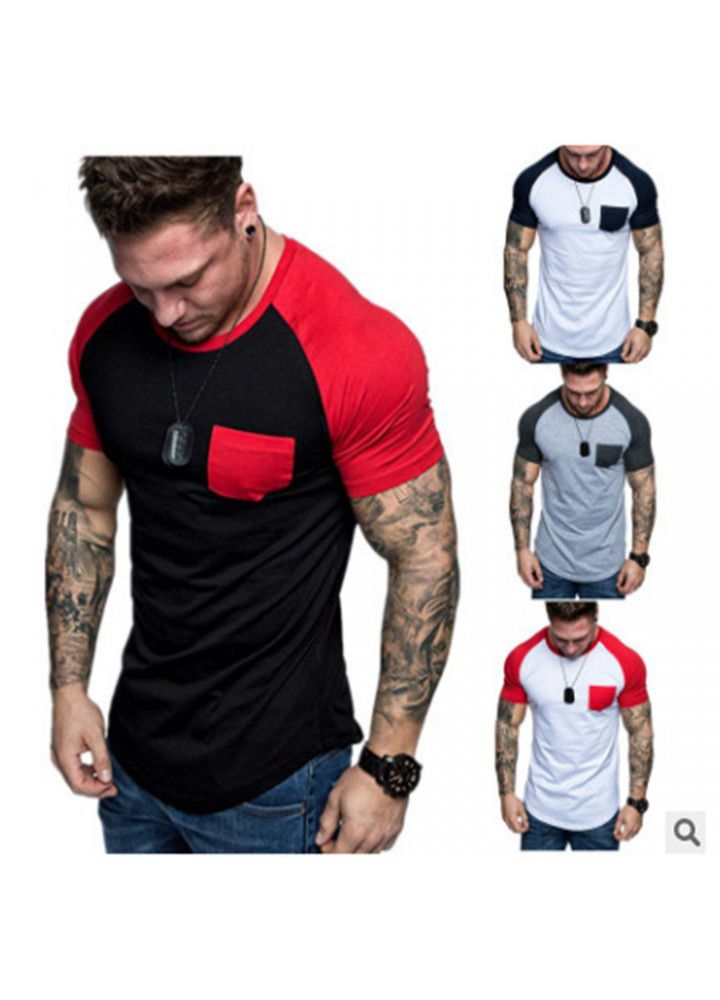 Amazon cross border new European and American men's raglan sleeve patch bag color matching fashion sports short sleeve manufacturer direct sales