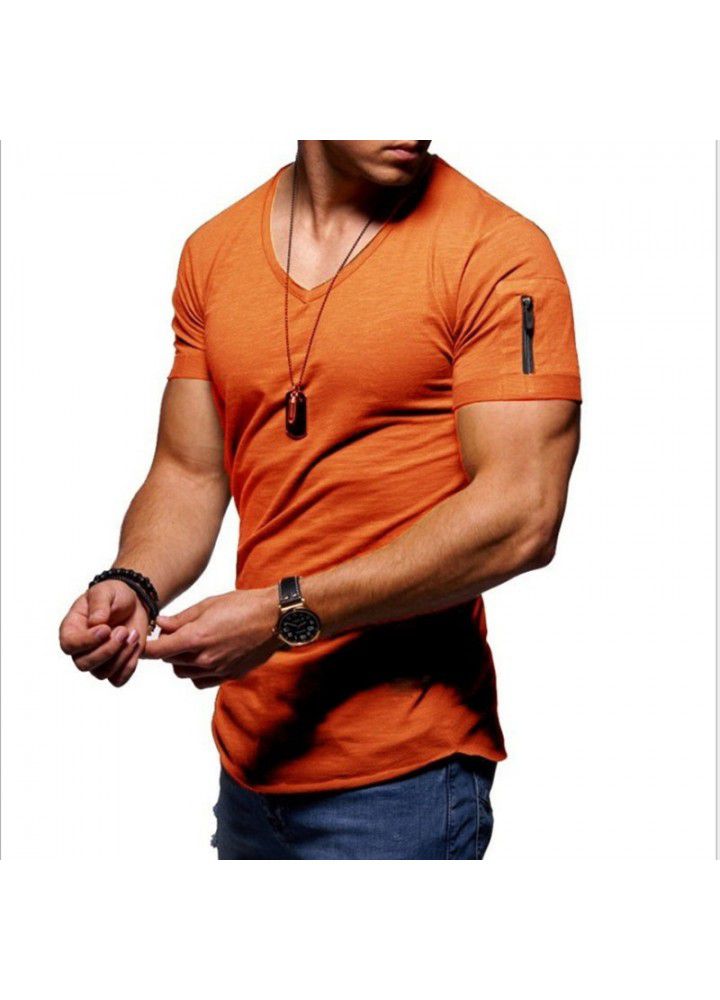 Sumitong new European and American fashion V-neck t-shirt men's arm zipper cotton short sleeve men's casual bottom coat