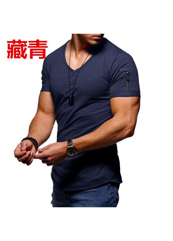 Men's T-shirt cross border clothing European and American foreign trade men's V-neck solid color large size short sleeve T-shirt customization