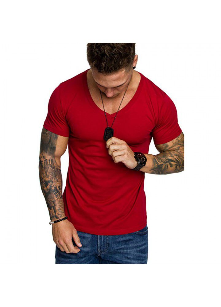 2021 summer foreign trade wholesale men's T-shirt Europe and America solid color V-neck Pullover men's leisure sports T-shirt short sleeve T-shirt