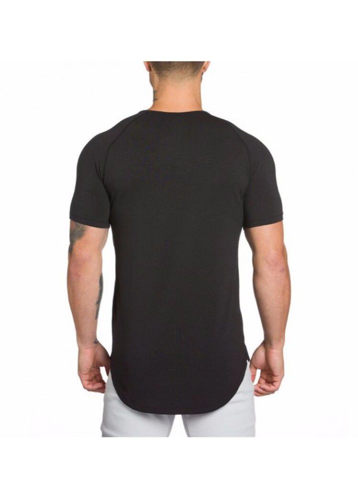 Foreign trade solid color blank fitness men's long breathable sports T-shirt fashionable men's slim summer fitness short sleeve men's