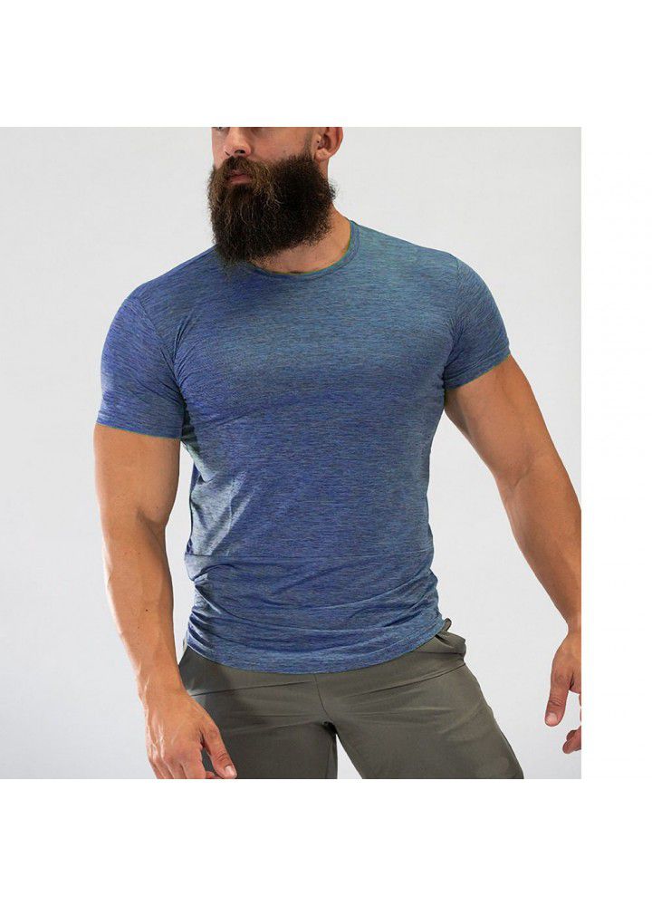 Cross border men's summer high elastic fitness running exercise round neck men's T-shirt leisure fashion brand sports short sleeve