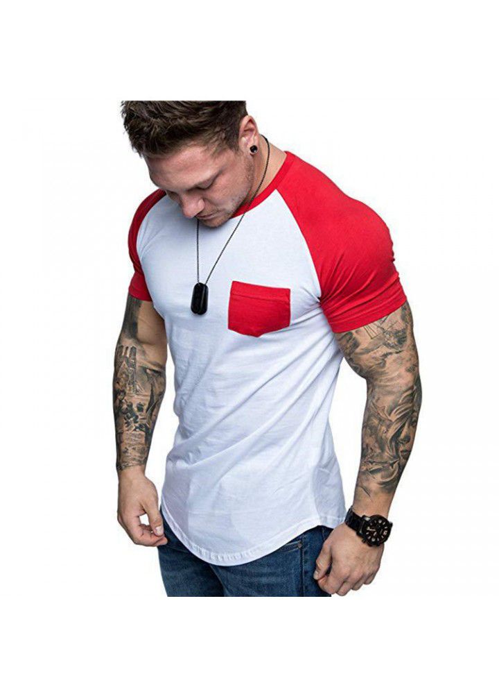 Amazon cross border new European and American men's raglan sleeve patch bag color matching fashion sports short sleeve manufacturer direct sales