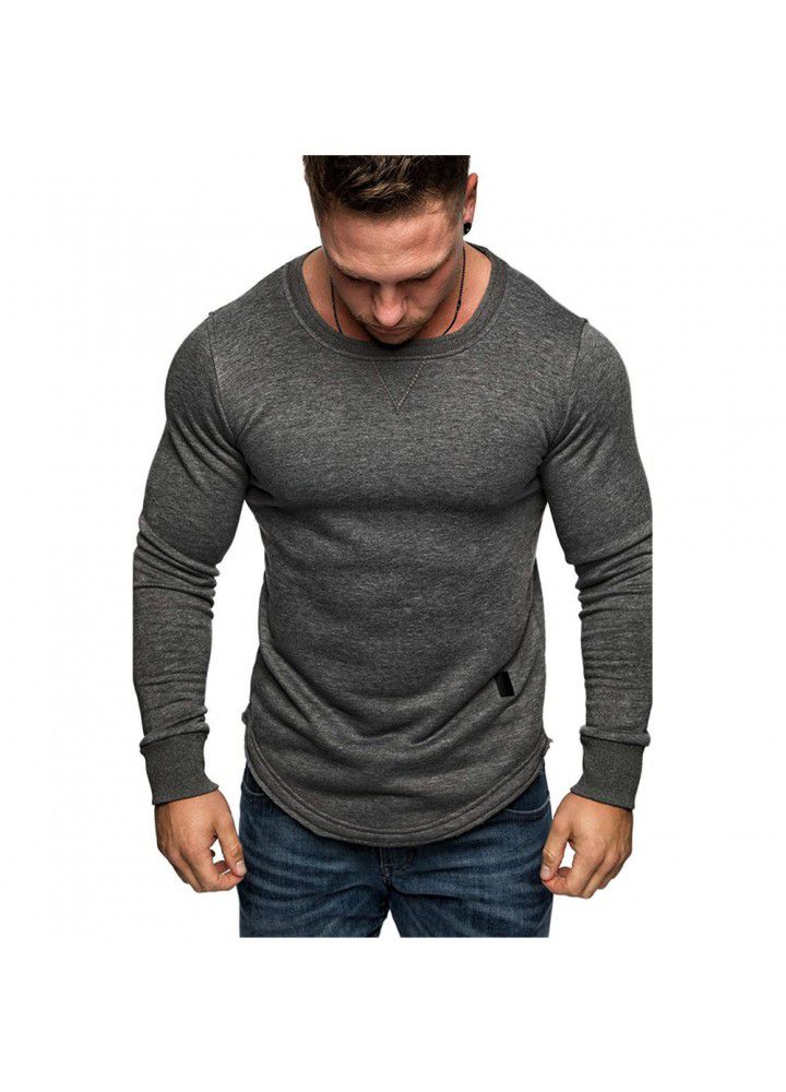2020 foreign trade men's solid color round neck long sleeve T-shirt splicing personality European and American style long T-shirt European and American size casual wear