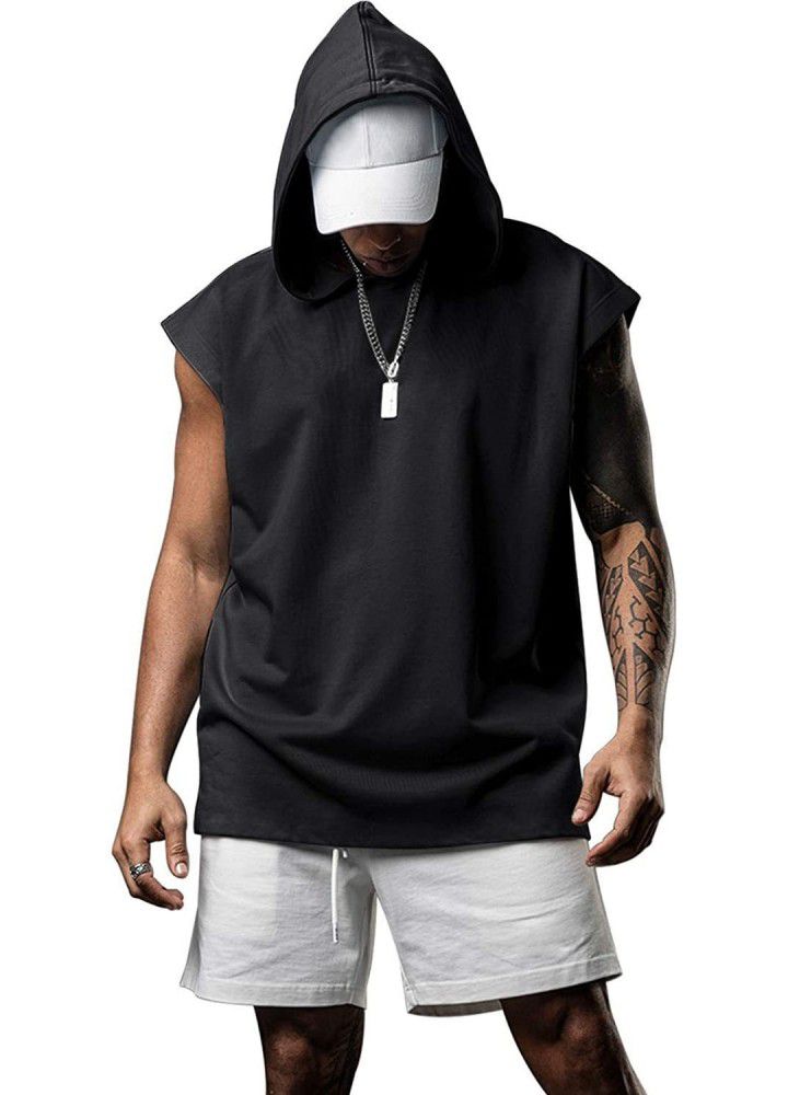 2021 summer men's fitness training Pullover sports leisure European and American fashion sleeve Hooded Vest loose solid color vest