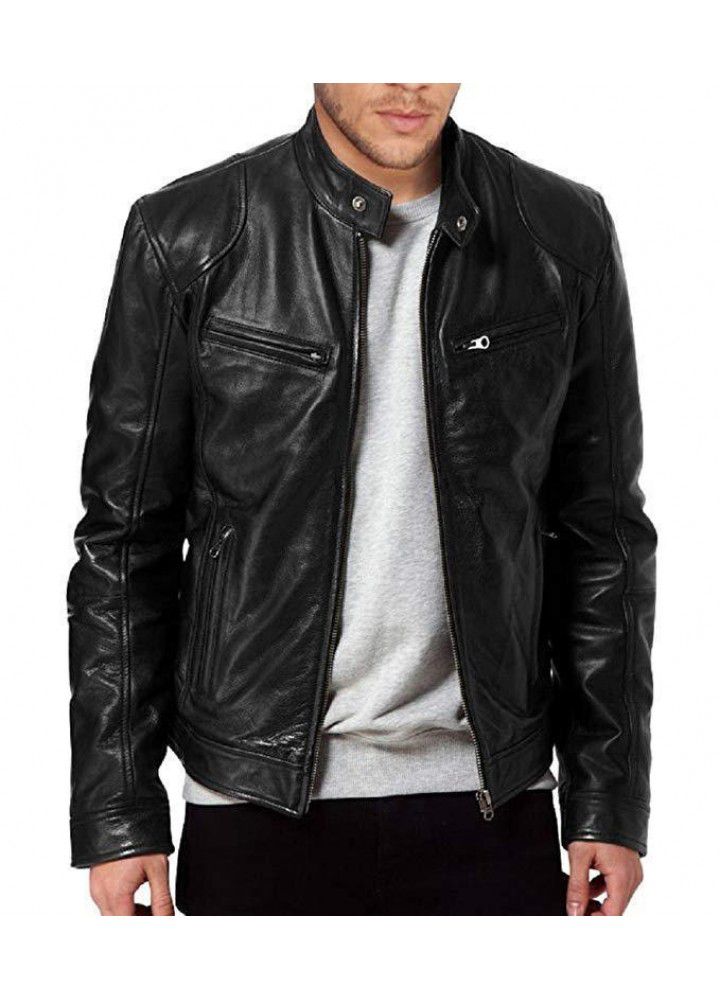 Foreign trade winter business gentleman zipper cardigan pocket decoration PU leather collar slim leather jacket