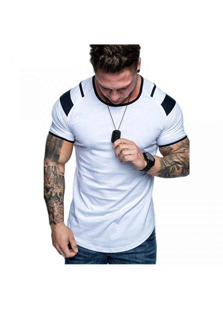 New summer men's short sleeve round neck shoulder color matching casual men's pure cotton T-shirt