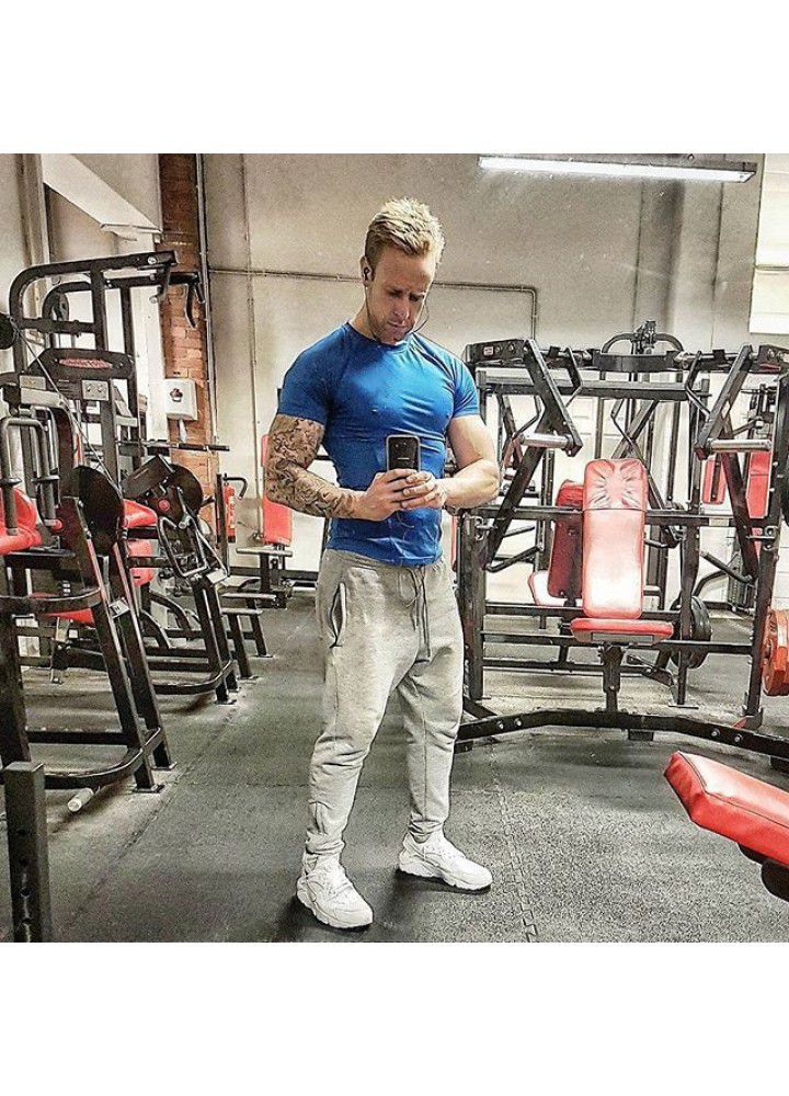 Cross border European and American men's running fitness quick drying T-shirt sports elastic short sleeve round neck men's tights