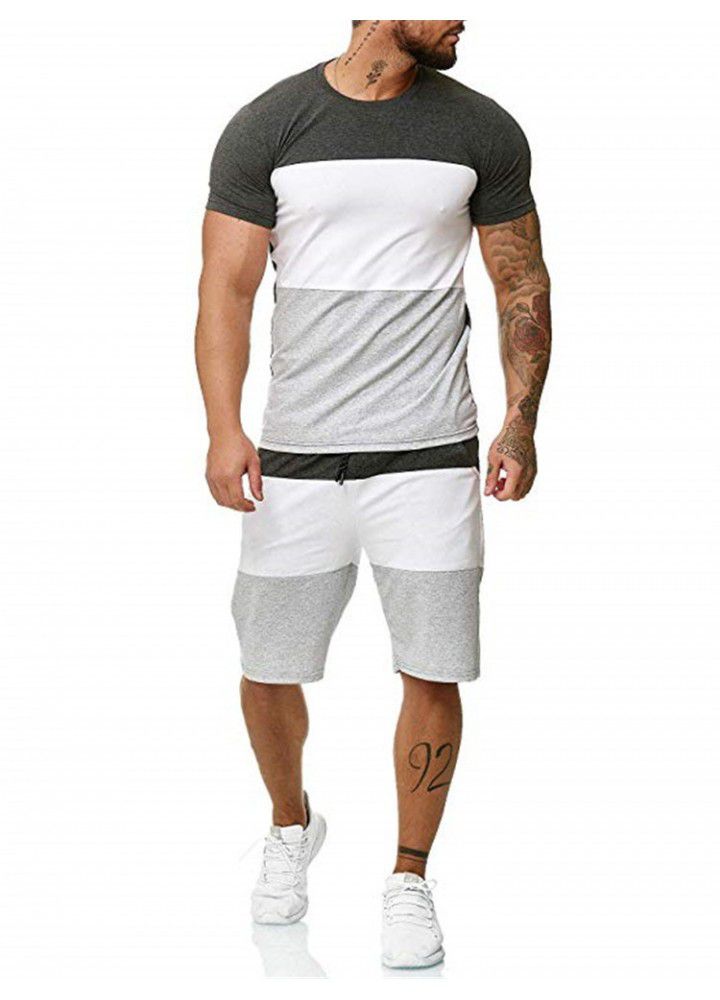2020 cross border new summer men's short sleeve sports suit outdoor leisure color contrast suit men's factory wholesale