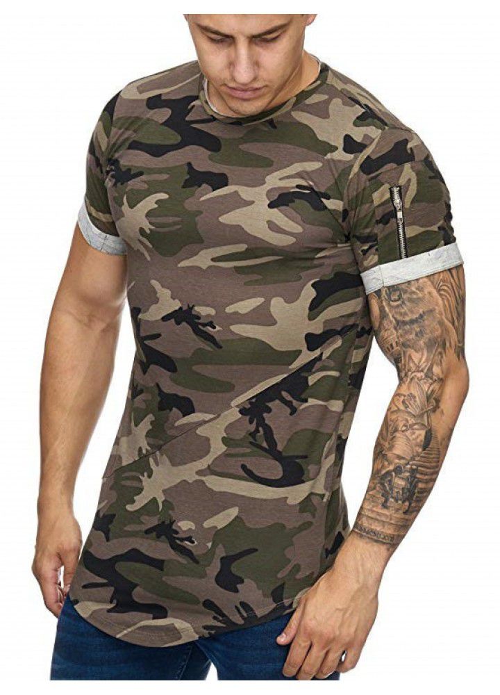Cross border European and American trend men's round neck t-shirt design sleeve zipper camouflage 3D digital gradient casual T-shirt