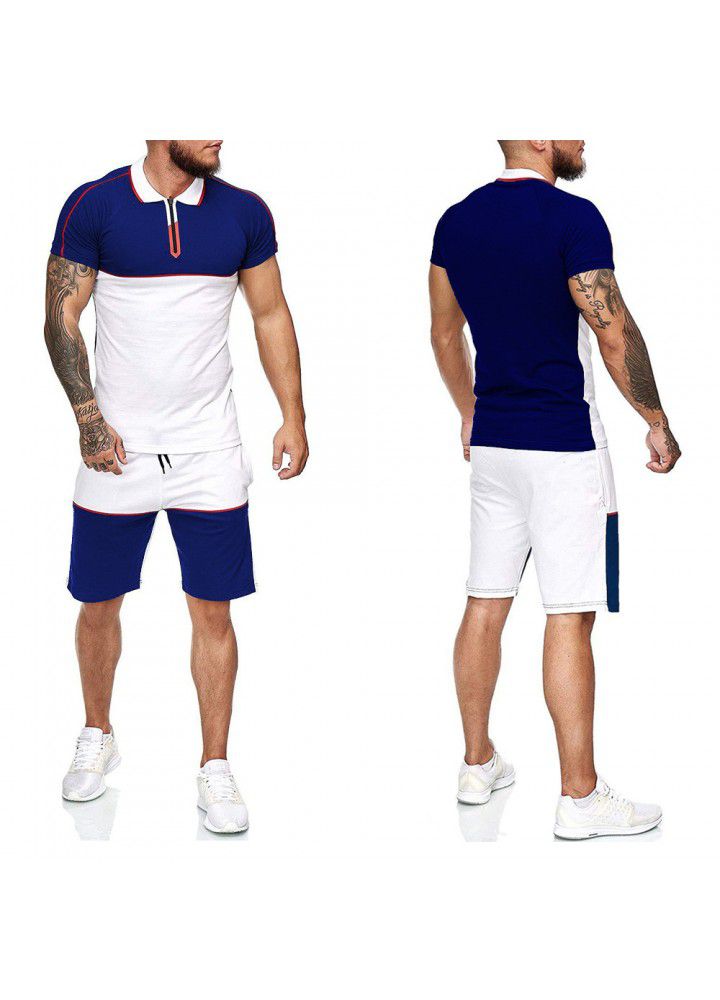 Cross border men's summer sports t-shirt men's suit 2020 new color matching slim fitting clothes leisure fashion short sleeve T-shirt