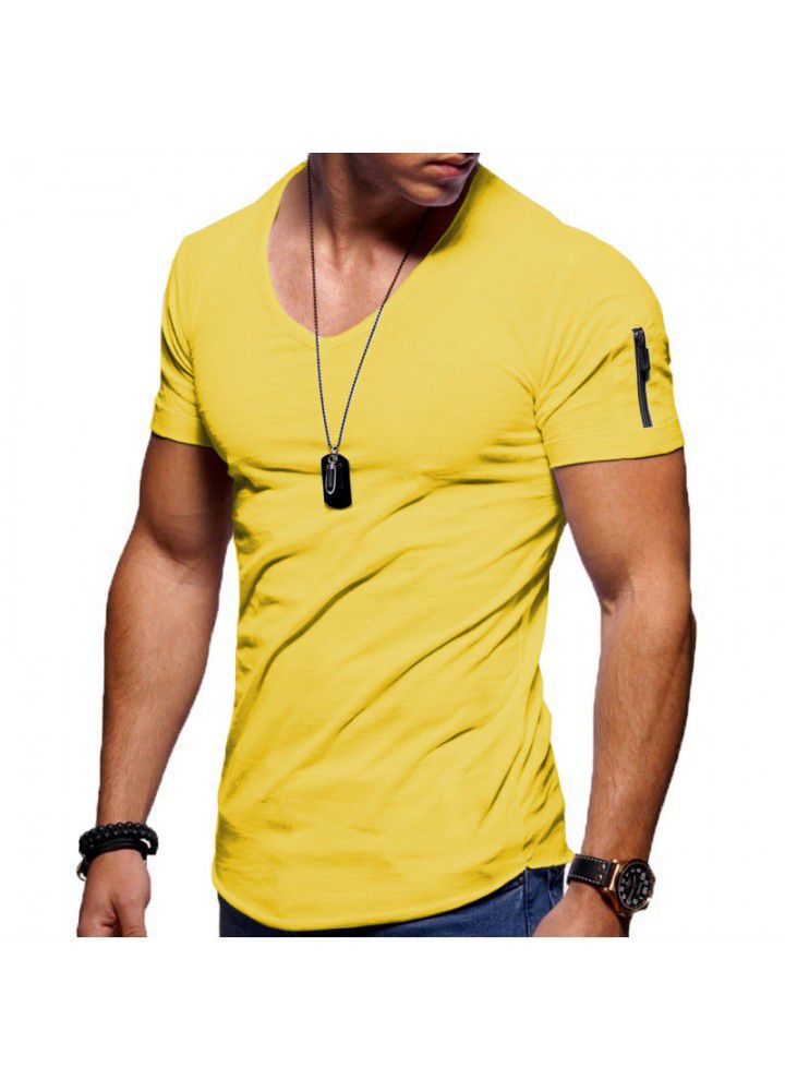 2019 Amazon new large men's short sleeve European and American V-neck t-shirt men's solid color slim bottomed shirt