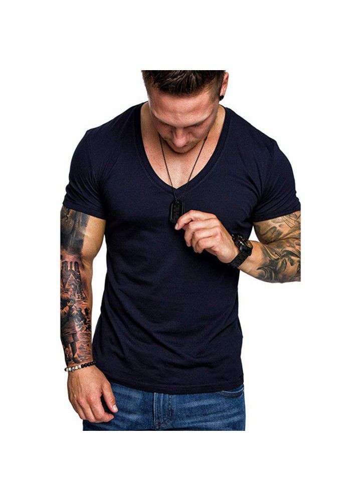 2021 summer foreign trade wholesale men's T-shirt Europe and America solid color V-neck Pullover men's leisure sports T-shirt short sleeve T-shirt