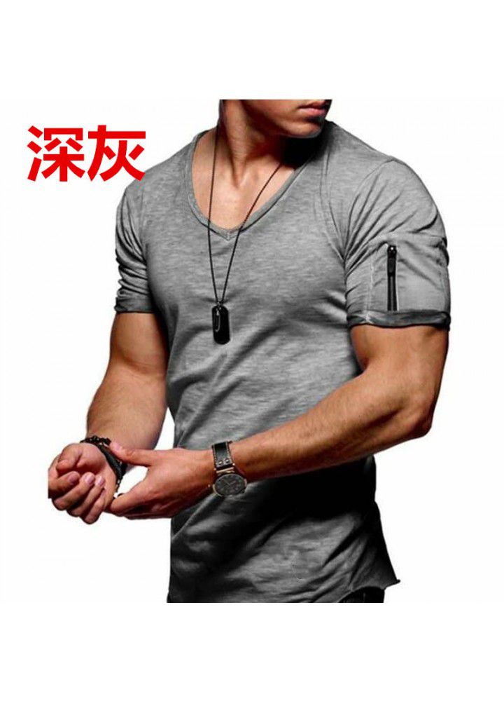 2019 Amazon new large men's short sleeve European and American V-neck t-shirt men's solid color slim bottomed shirt