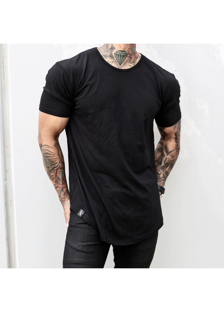 Foreign trade cotton large size muscle short sleeve men's smooth plate round neck sports European and American T-shirt arc hem fitness clothes