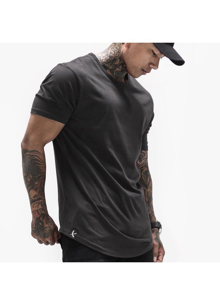 Foreign trade cotton large size muscle short sleeve men's smooth plate round neck sports European and American T-shirt arc hem fitness clothes