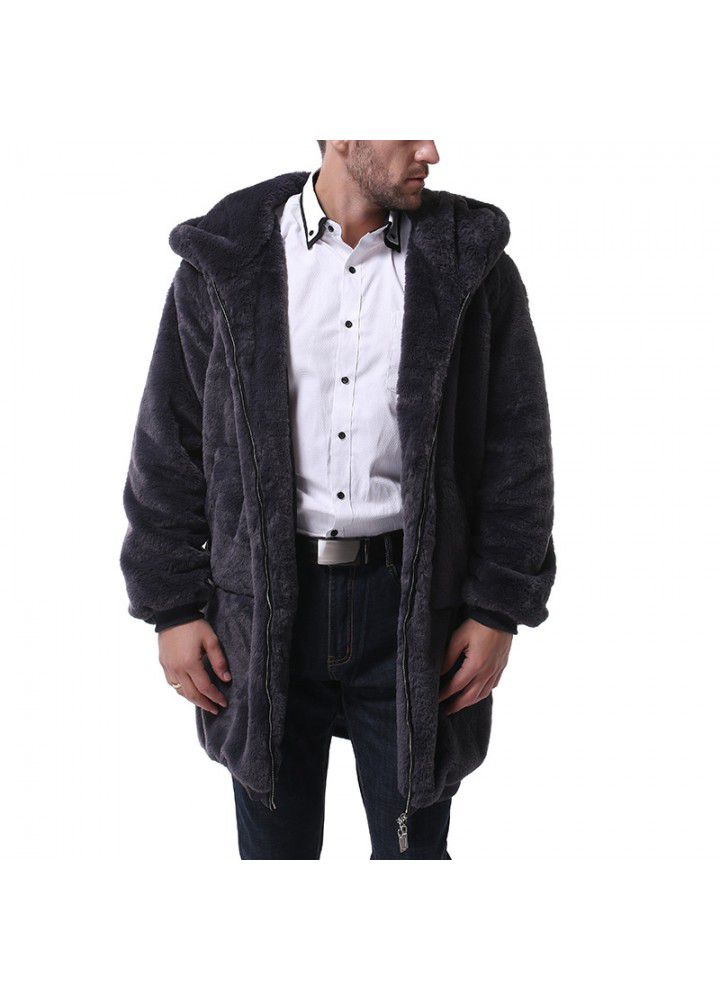 Cross border wish foreign trade new men's mid long Plush coat fashion men's hooded Plush windbreaker coat