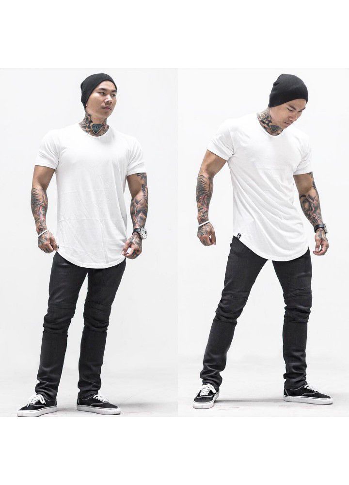 Foreign trade cotton large size muscle short sleeve men's smooth plate round neck sports European and American T-shirt arc hem fitness clothes