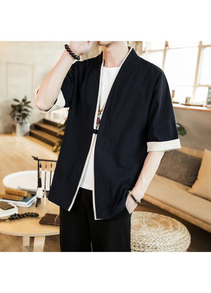 Foreign trade Amazon Chinese style coat 5-sleeve men's Tang suit retro button cardigan kimono ancient Zen suit