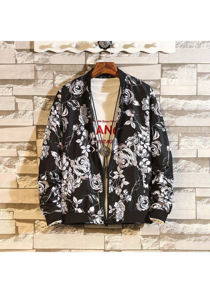 2020 spring and autumn new foreign trade Amazon printed jacket men's fattening plus size casual stand collar jacket trendy men