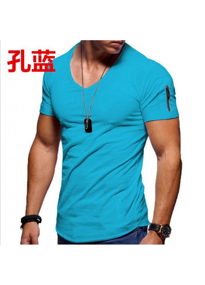 Sumitong new European and American fashion V-neck t-shirt men's arm zipper cotton short sleeve men's casual bottom coat