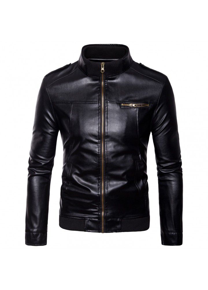 Cross border e-commerce supply men's foreign trade horizontal zipper leather clothing trend collar fashion slim fit men's jacket