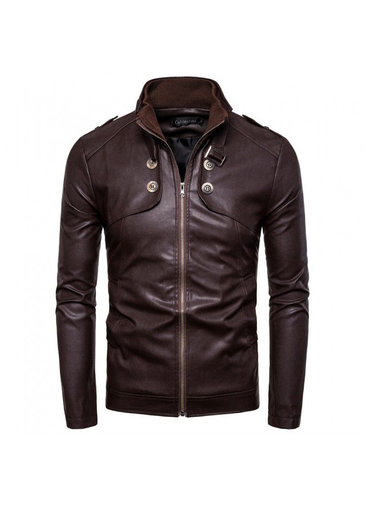 Foreign trade Amazon e-commerce new men's button decoration motorcycle PU leather casual men's leather jacket
